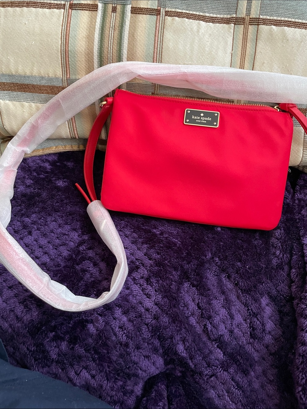 kate spade Bright Red Crossbody with Gold Plaque 3 Sections NWOT
